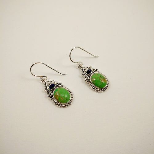 Oval Earrings with green semi-prescious gemstone and Lapiz Lazuli set in 925 Sterling Silver