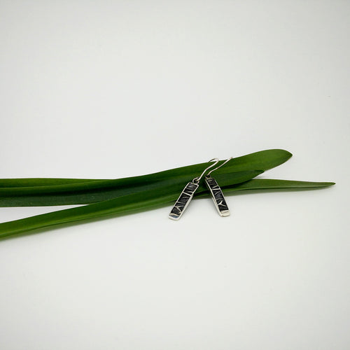 Dangly long narrow Earrings with criss cross pattern made of oxidized 925 Sterling Silver